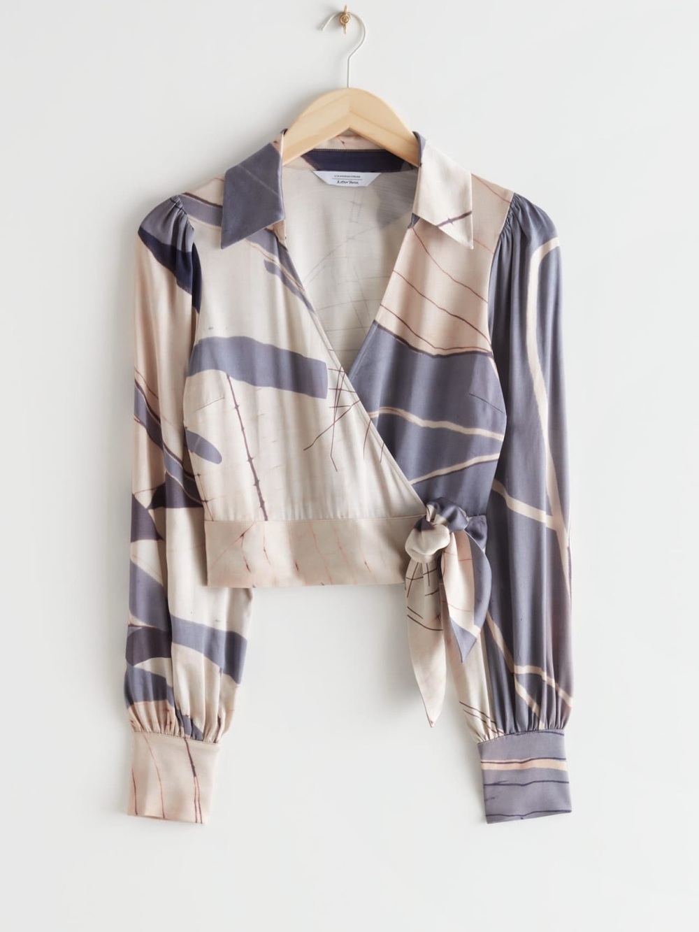 & Other Stories Neutral Abstract Cropped Wrap Blouse in Beige and Taupe Print